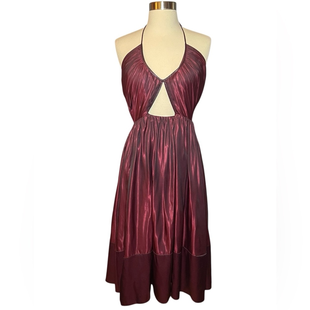 Lyndia Procanik 90s Y2K Vintage Burgundy Metallic Halter Cutout Midi Dress 10
